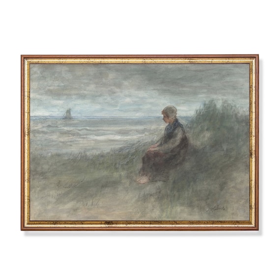 Barefoot Woman Seated in Coastal Dunes Impressionist Painting Print
