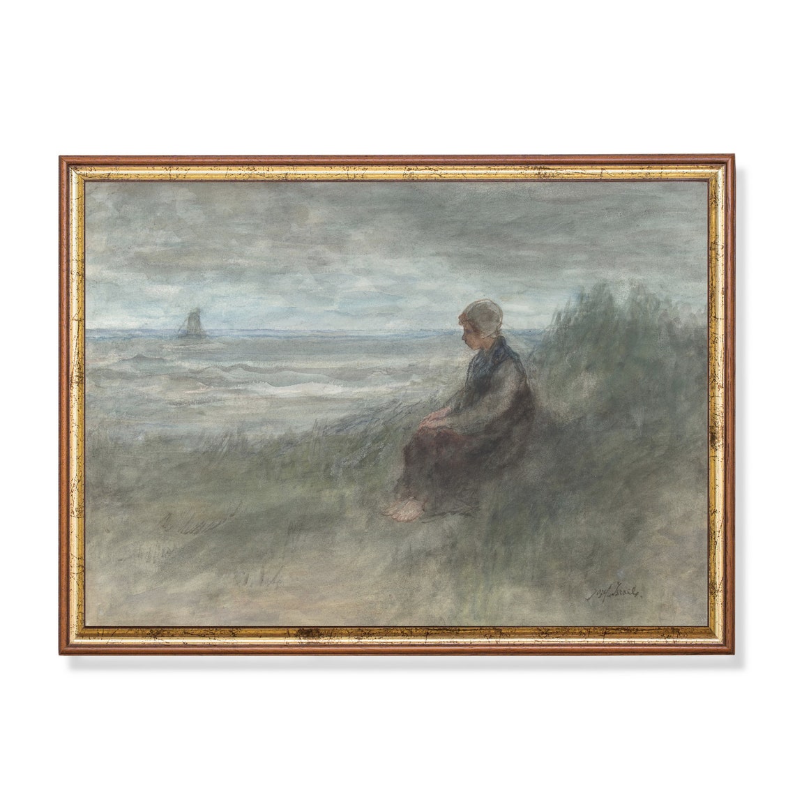 Barefoot Woman Seated in Coastal Dunes Impressionist Painting Print
