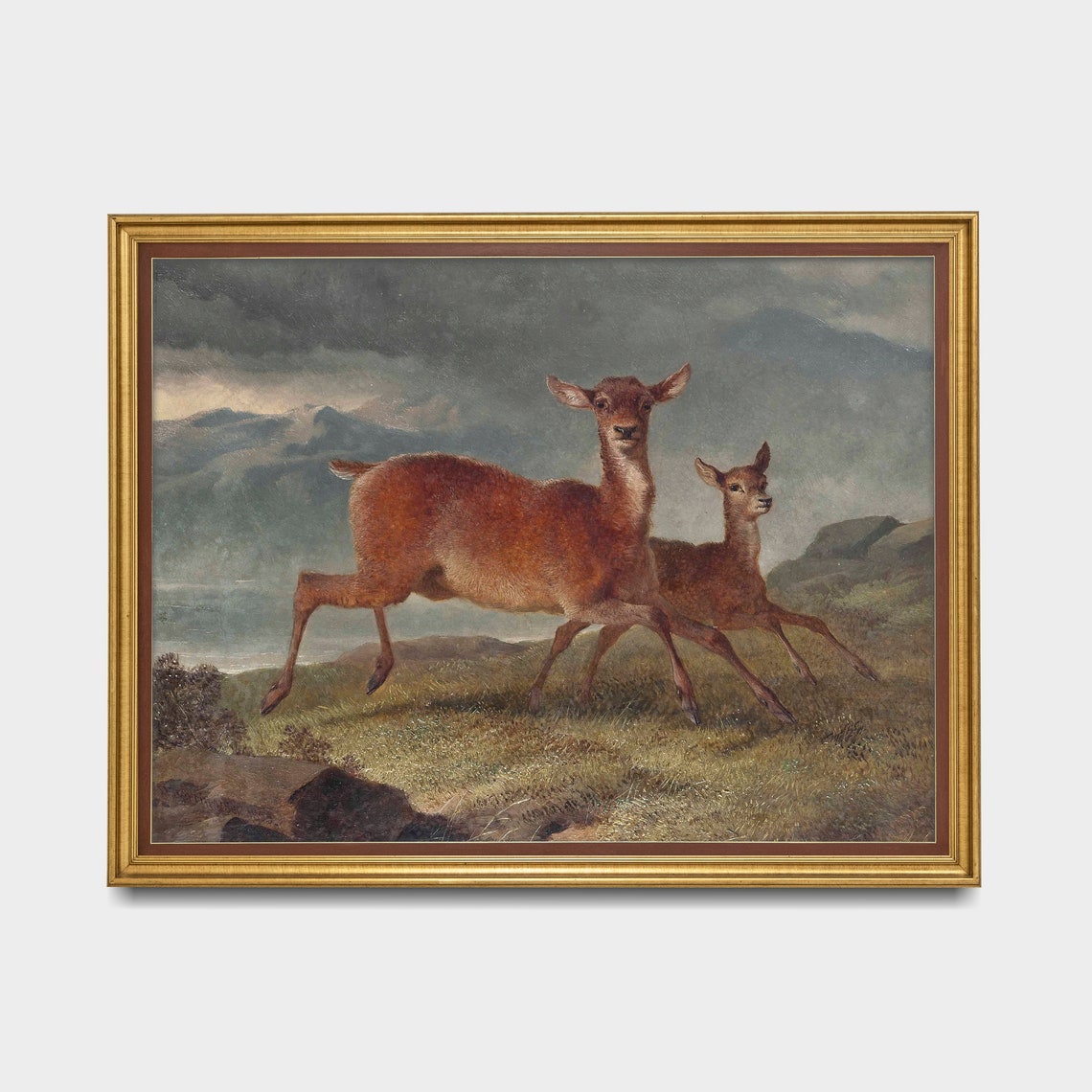 Two Deer Running Across Misty Moorland Vintage Animal Painting Poster - Image 5