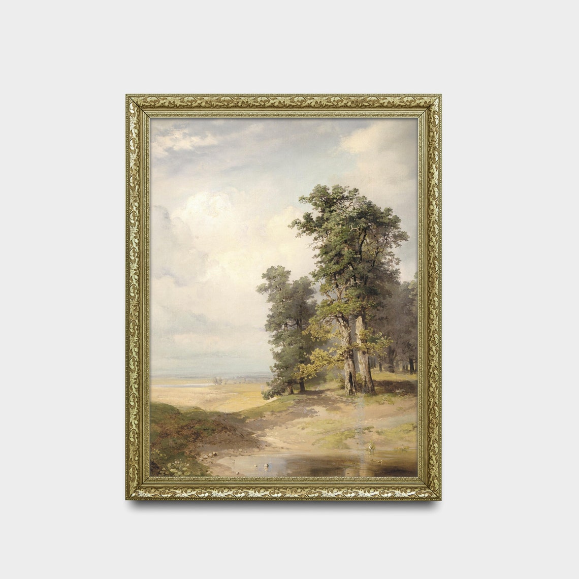 Summer Pond and Meadow with Tall Trees Pastoral Landscape Poster - Image 2