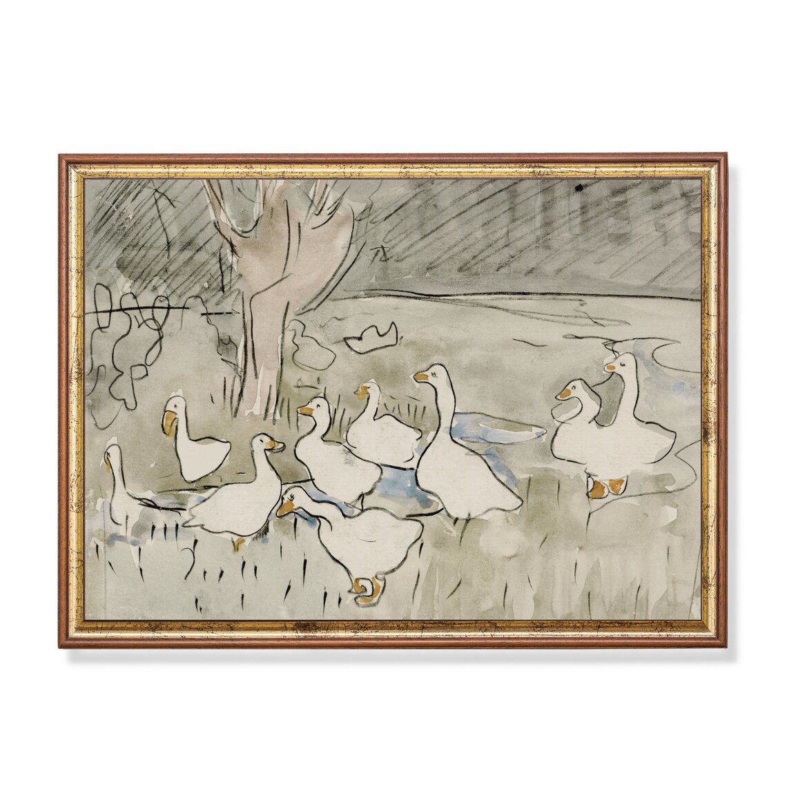White Geese Walking by the Water Loose Watercolor Sketch Poster