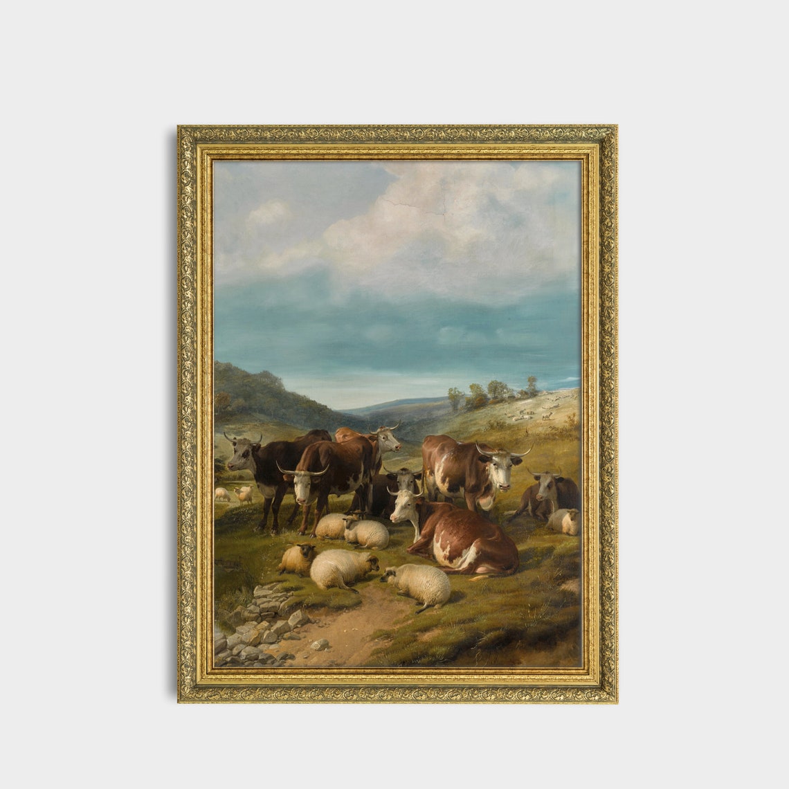 Herd of Cattle and Sheep Resting in a Rolling Green Pasture Poster - Image 3