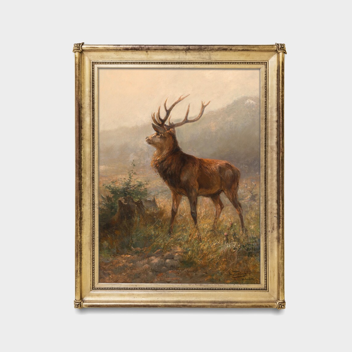 Vintage Red Deer Stag with Antlers in Misty Mountain Meadow Poster - Image 3