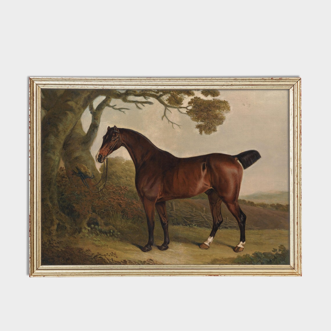 Vintage Bay Horse Under Tree Equestrian Painting Wall Poster - Image 2