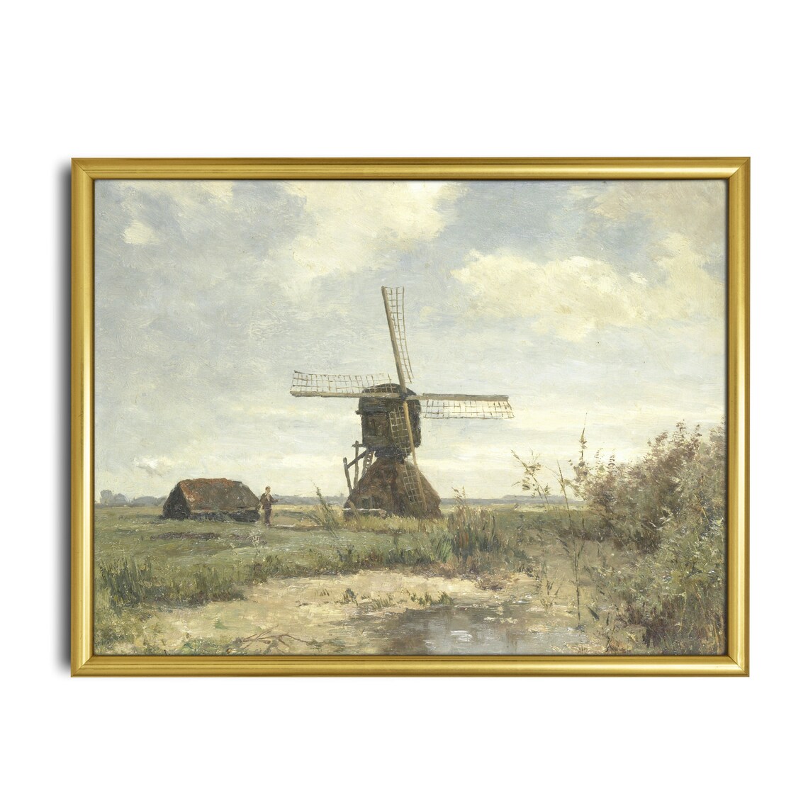 Dutch Windmill on the Marsh Polder Landscape Painting Poster - Image 2