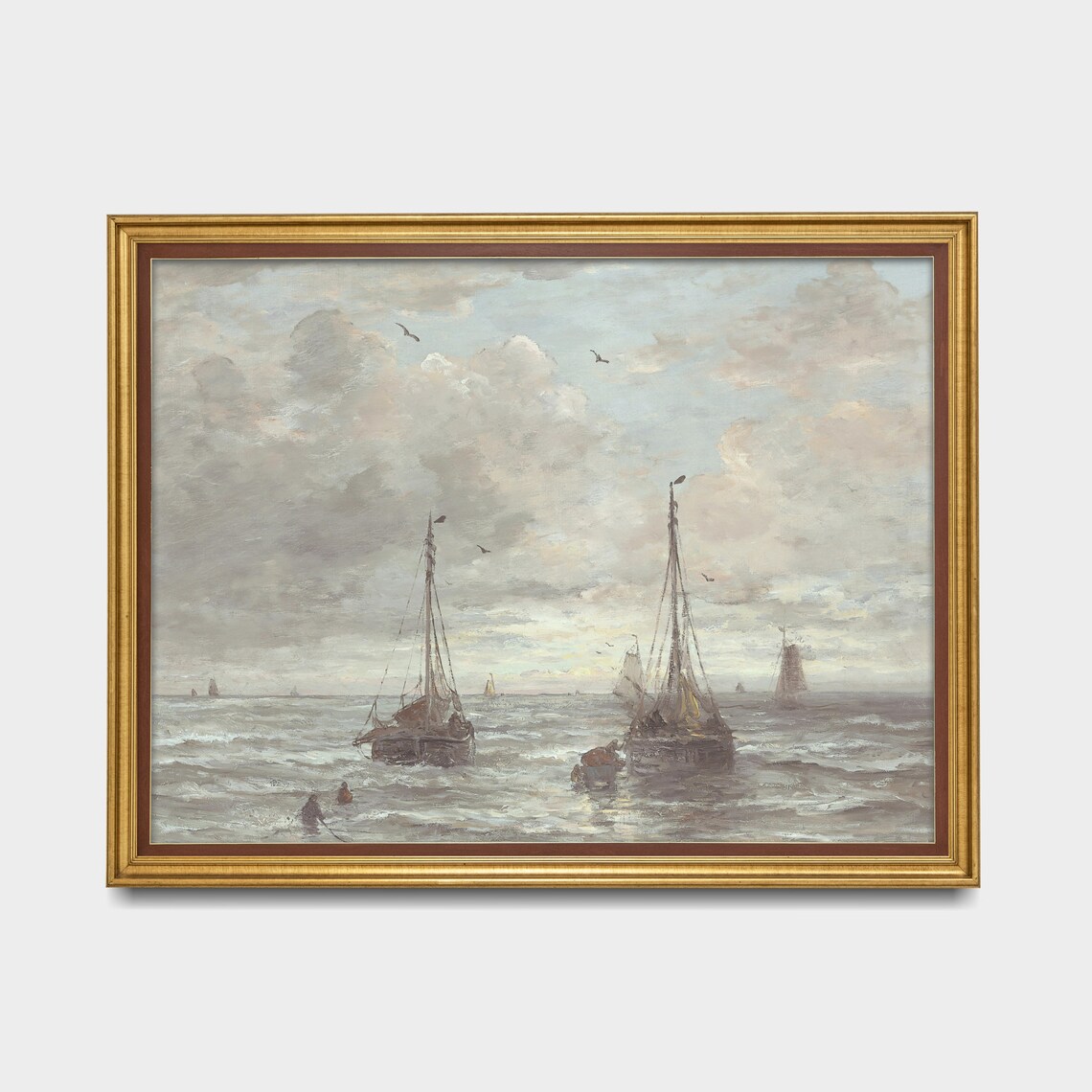 Fishing Sailboats on Shore Muted Coastal Vintage Seascape Art Poster - Image 4