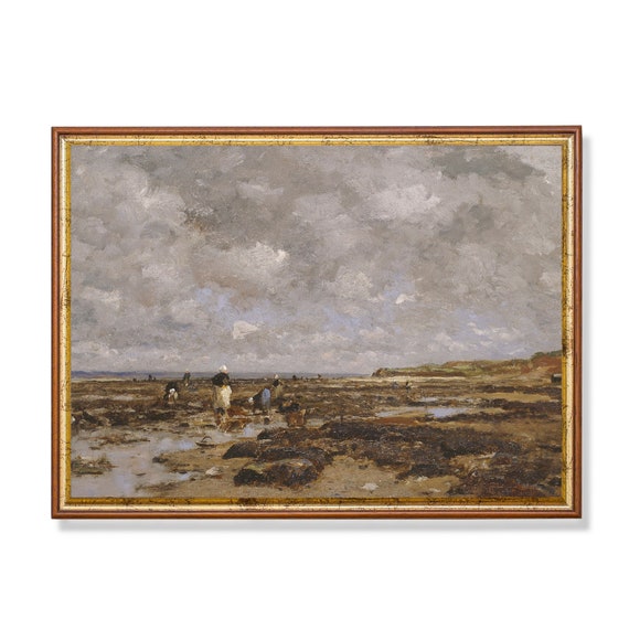 Vintage Painting Antique Seascape Art Rustic Beach Coastal Print Moody Painting Horizontal Wall Art
