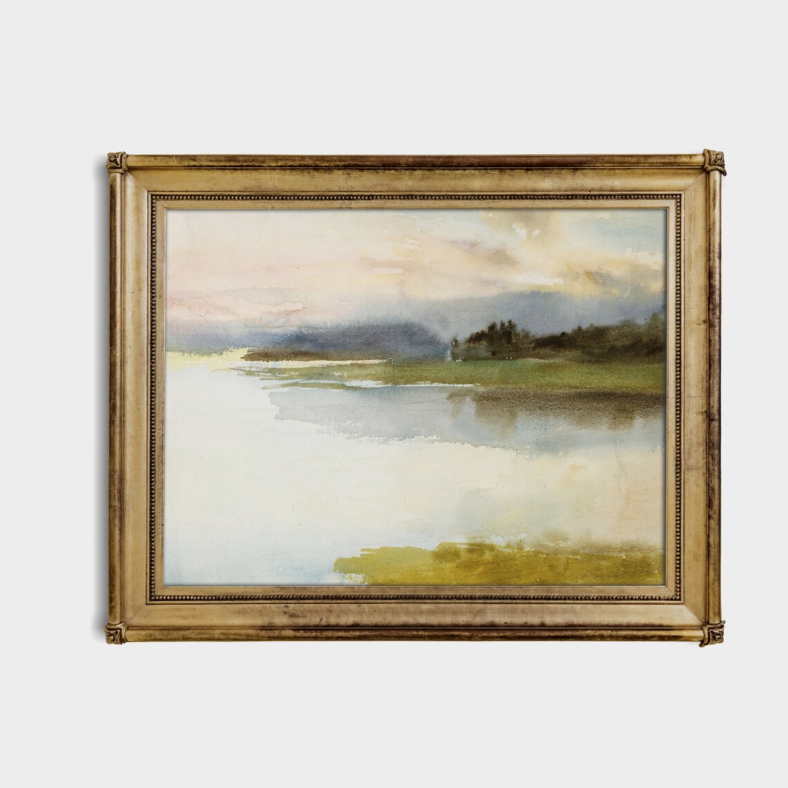 Misty Lakeshore Watercolor Landscape at Dusk Antique Art Poster - Image 3