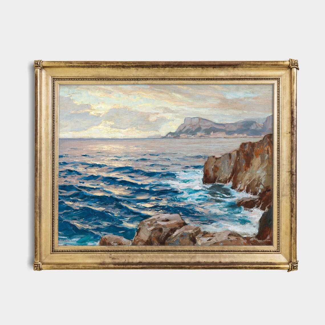 Rocky Cliffs Crashing Waves Sunset Vintage Coastal Painting Art Poster - Image 2