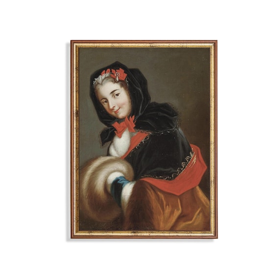 Lady in Fur Muff Red Ribbons Antique Winter Portrait Art Poster