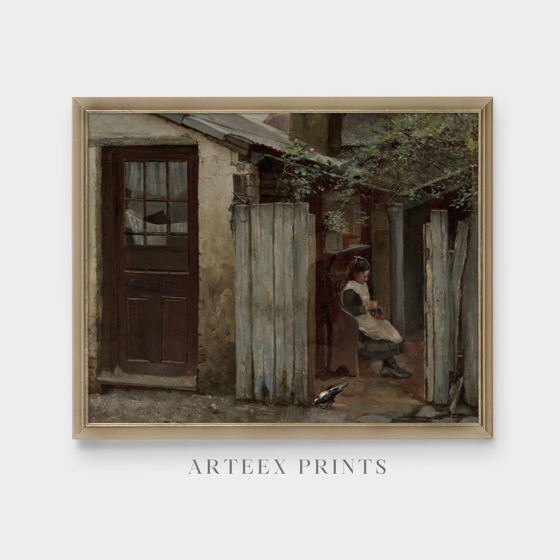 Girl with a Bird in a Courtyard Antique Genre Painting Poster - Image 4