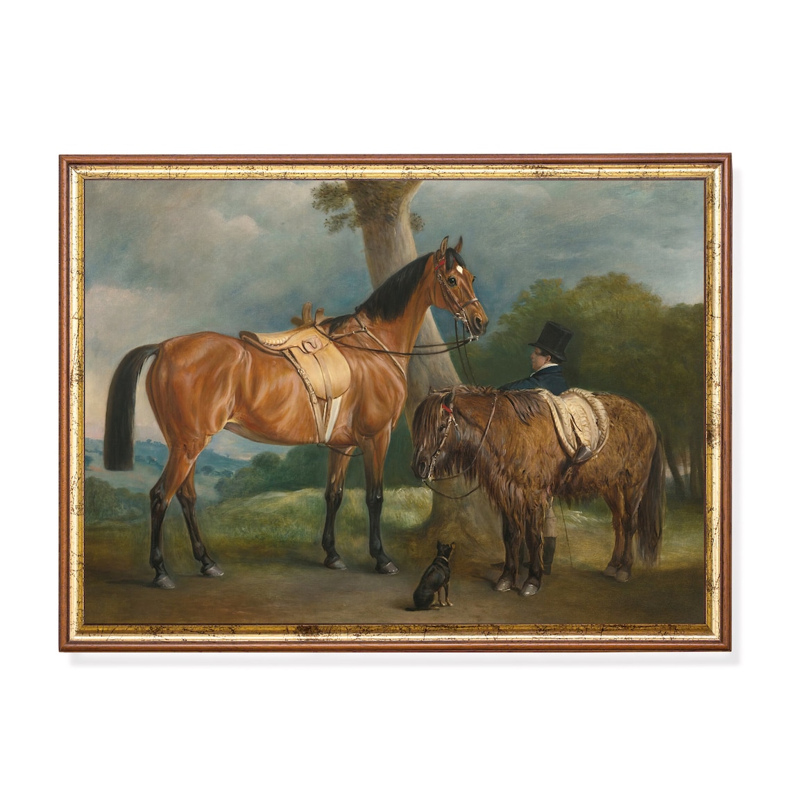 Two Horses with a Groom in Top Hat and a Small Black Dog Poster