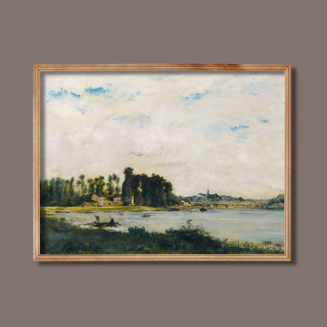 River Village with Rowboats Calm Water Antique Painting Poster - Image 3
