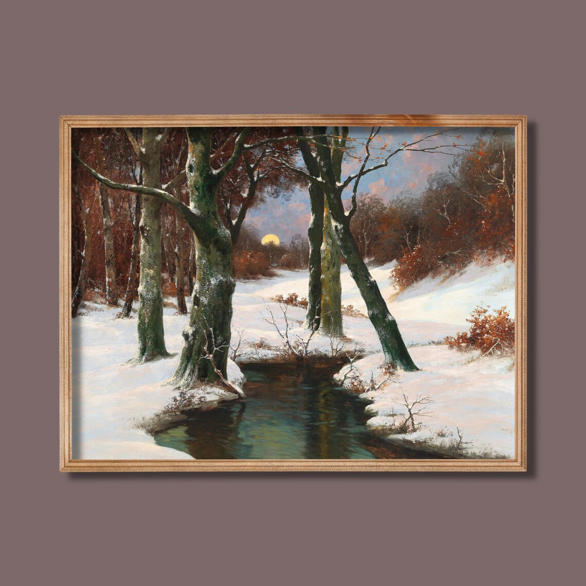 Full Moon Rising Over a Snowy Woodland Beside a Dark Pool Night Poster - Image 3