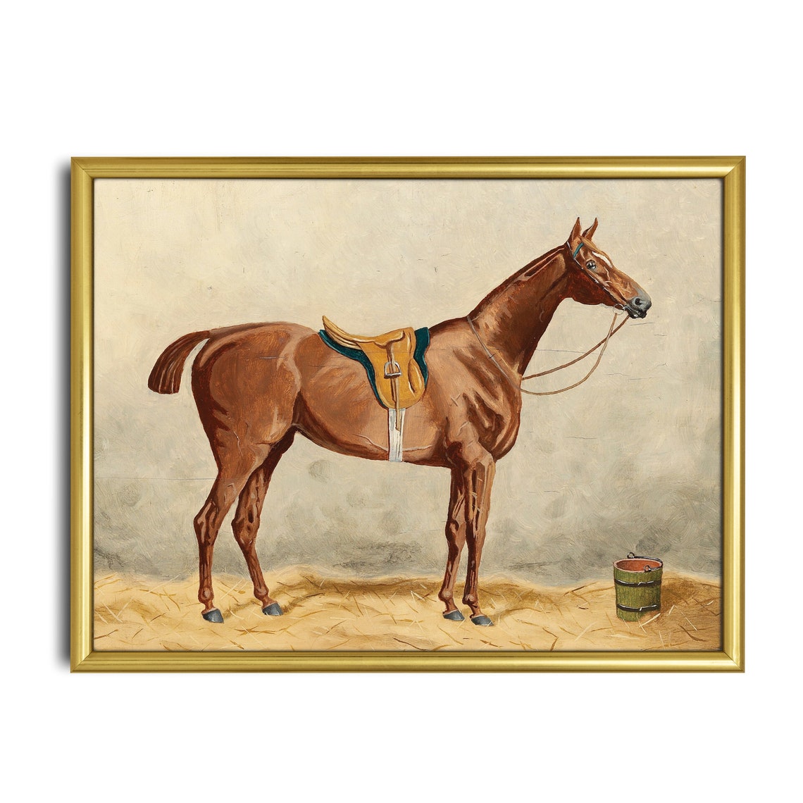 Saddled Chestnut Hunter Horse Waiting in the Yard Painting Poster