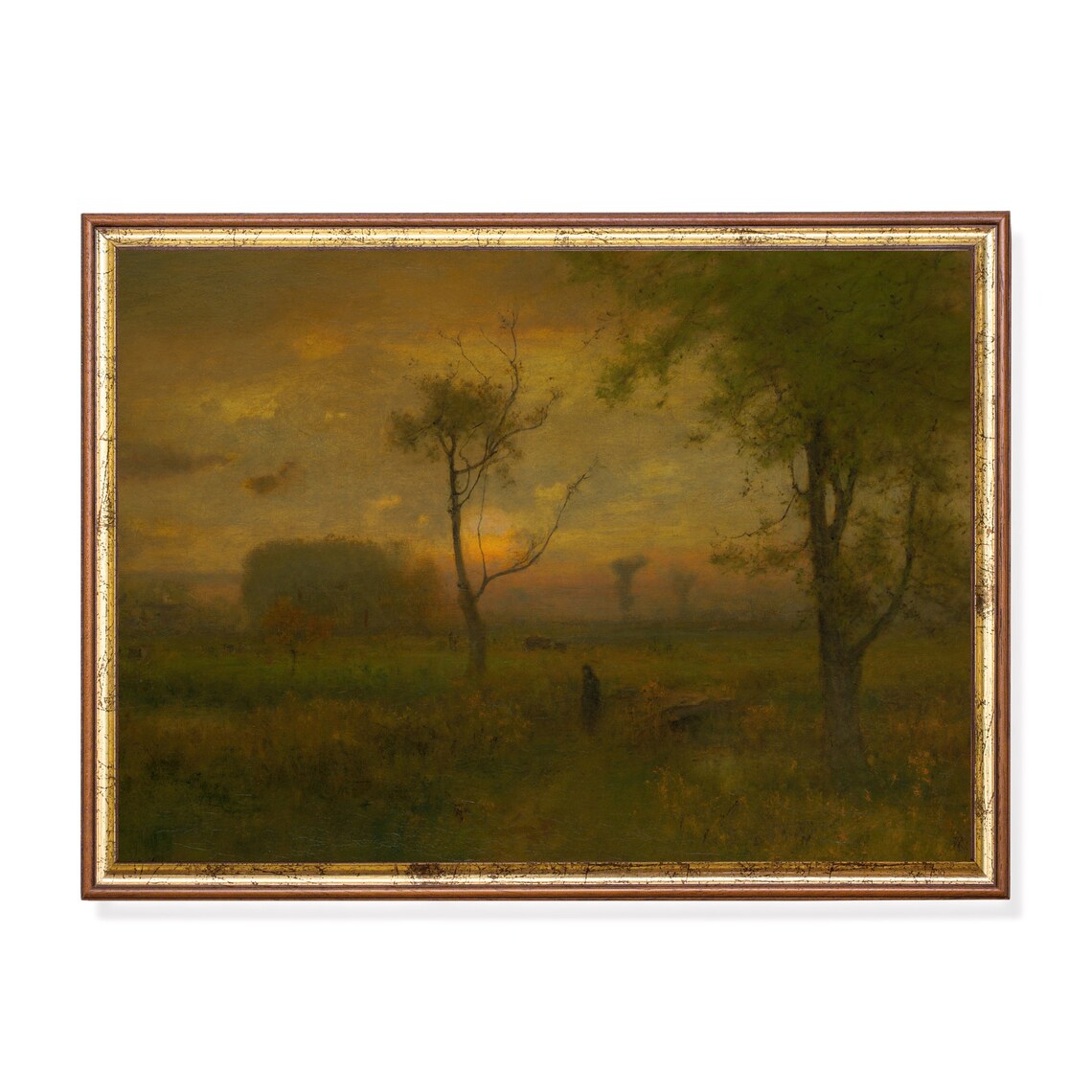 Golden Sunset Meadow With Lone Figure Vintage Tonalist Painting Poster