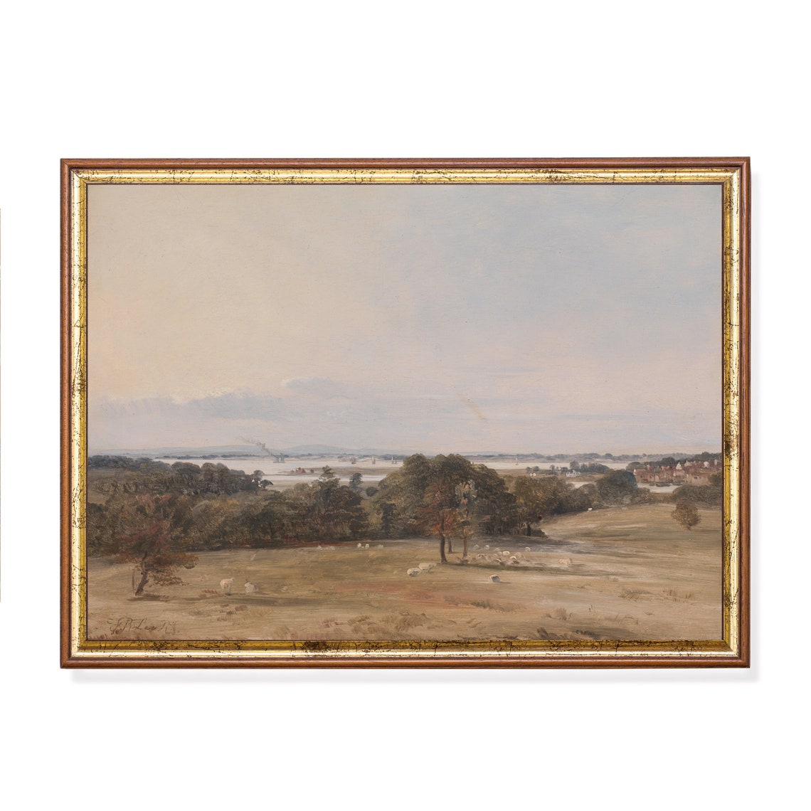 Antique English River Valley Landscape With Sheep Grazing Poster