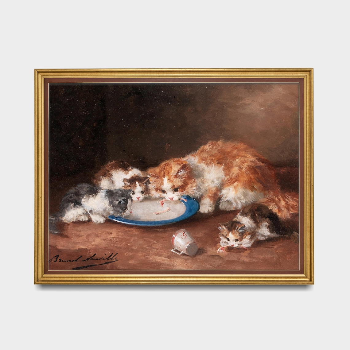 Vintage Cat Family Painting Mother Cat With Kittens Antique Wall Art - Image 5