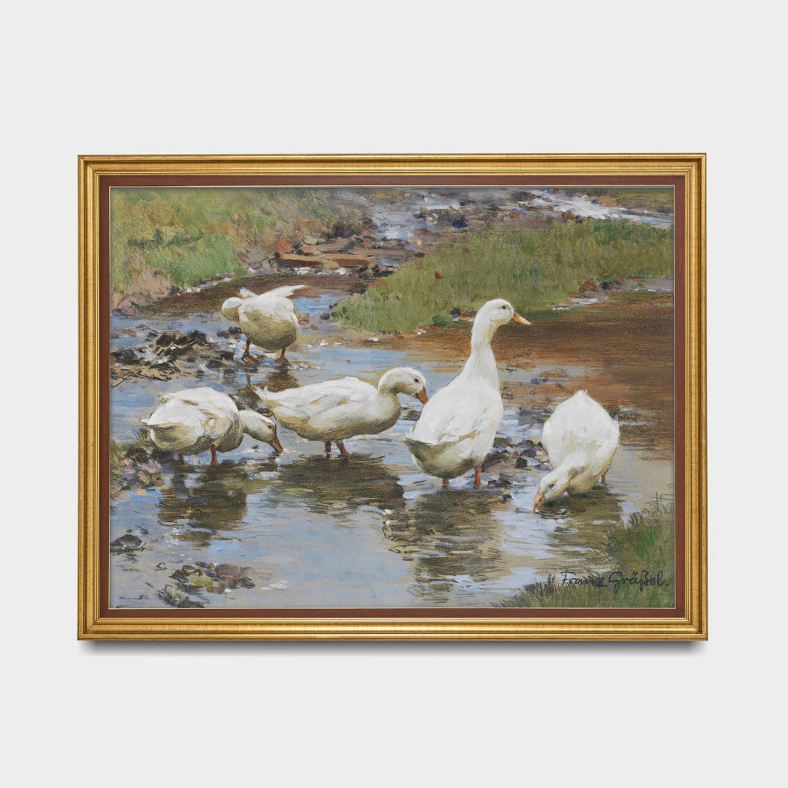 White Ducks Drinking at a Stream by Franz Grässel Vintage Poster - Image 5