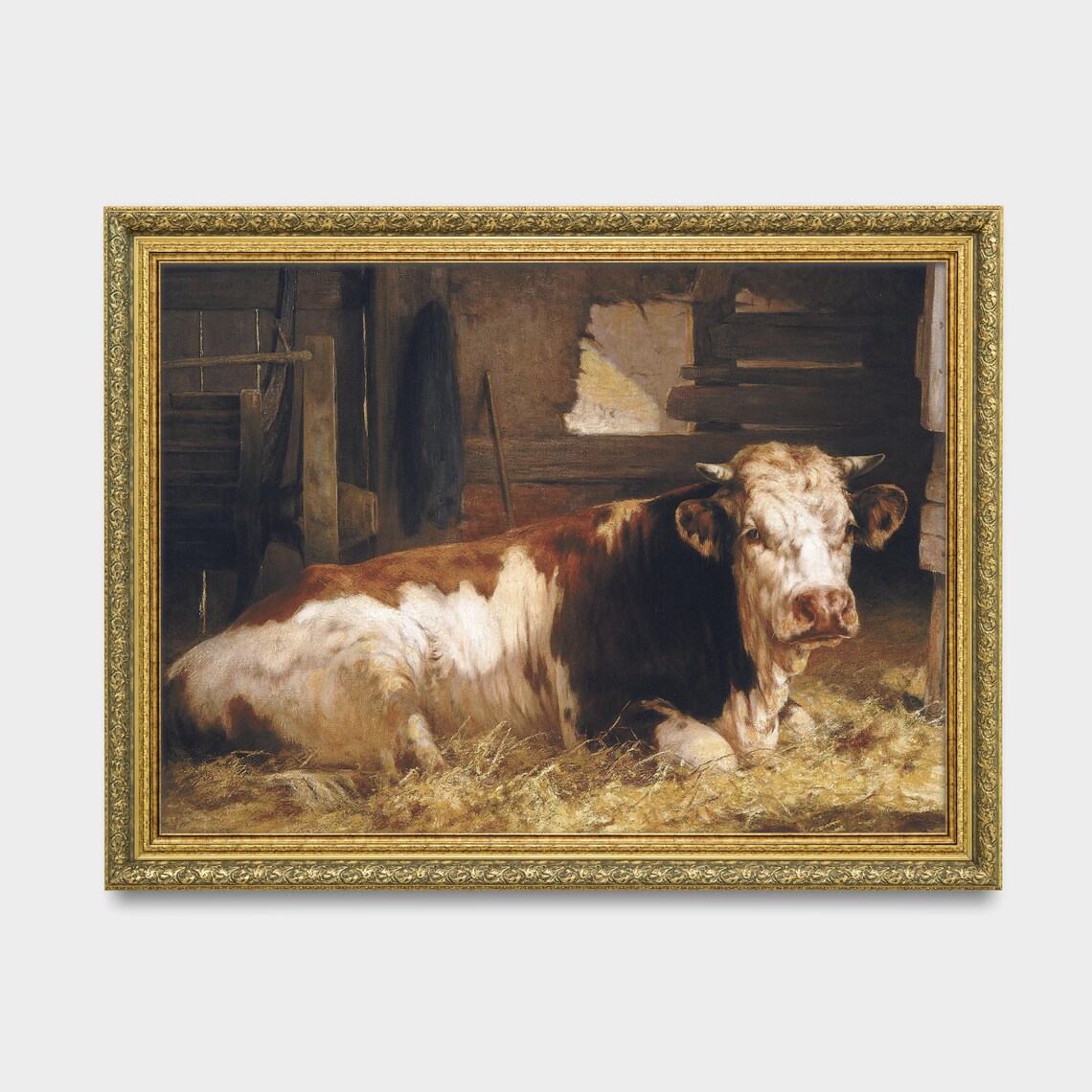 Vintage Cow Resting in Straw Barn Farm Animal Painting Poster - Image 2