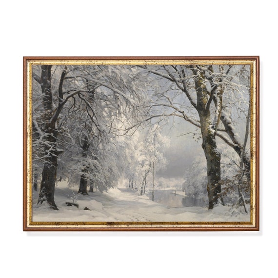 Vintage Winter Landscape Painting, Rustic Scene Art Print