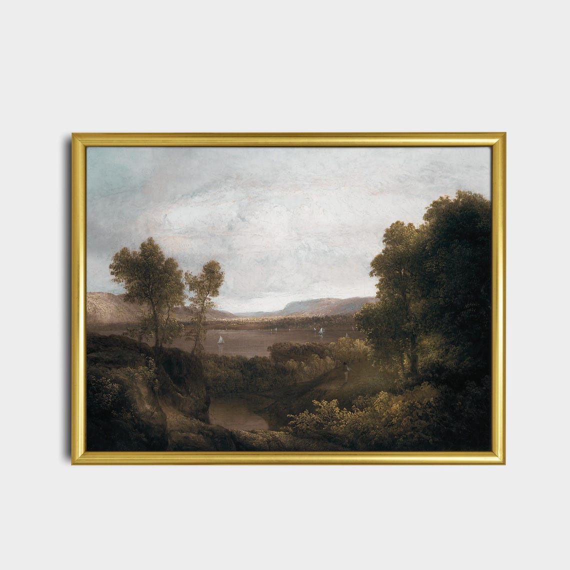 Wide River Valley with Distant Sailboats Antique Landscape Poster - Image 2