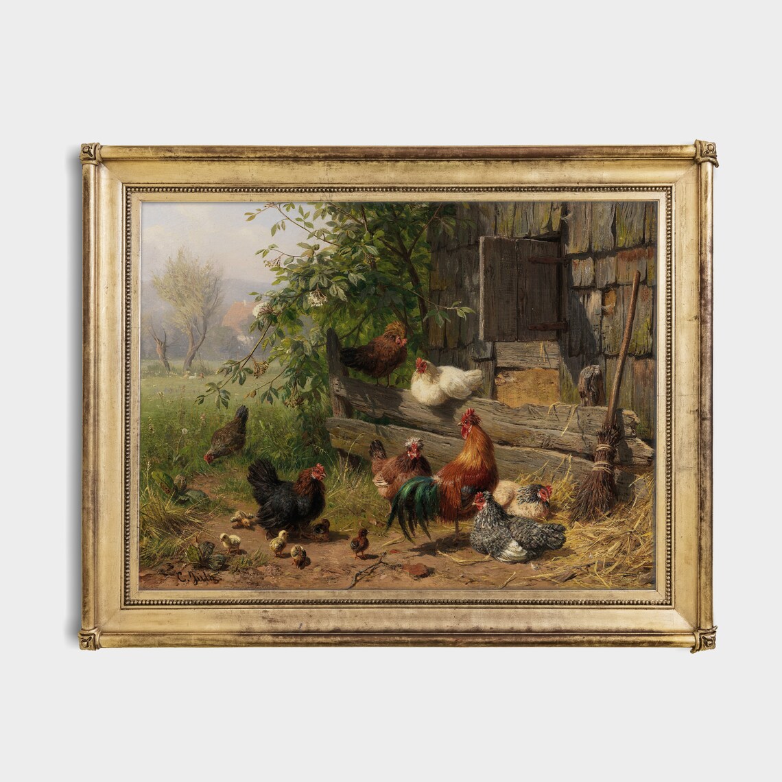 Vintage Farmyard Chickens With a Rooster by the Barn Door Poster - Image 2