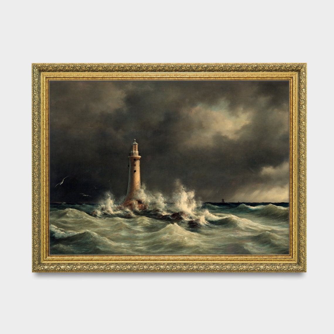 Stormy Seascape Lighthouse Seabirds Dramatic Waves Vintage Art Poster - Image 3