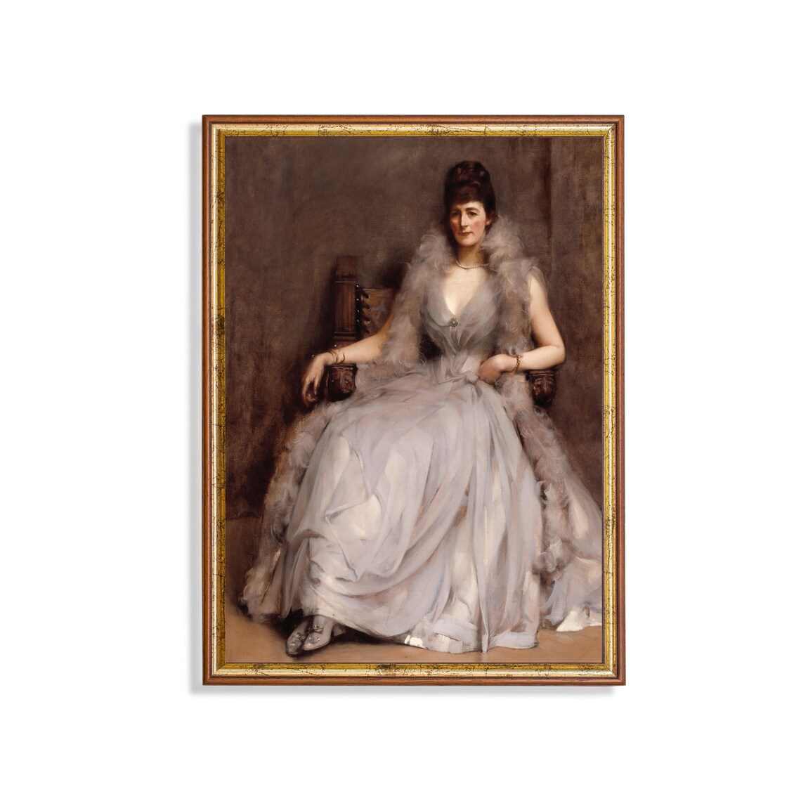 Seated Lady in a Grey Satin Gown With a Fur Wrap Vintage Poster