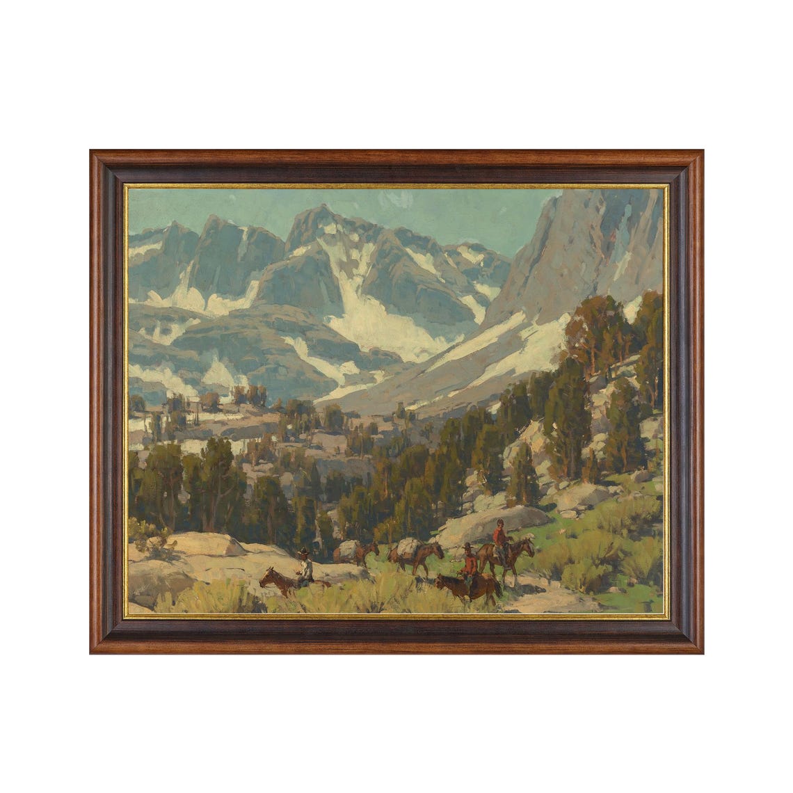 Western Mountain Pack Train Riders Crossing an Alpine Meadow Poster