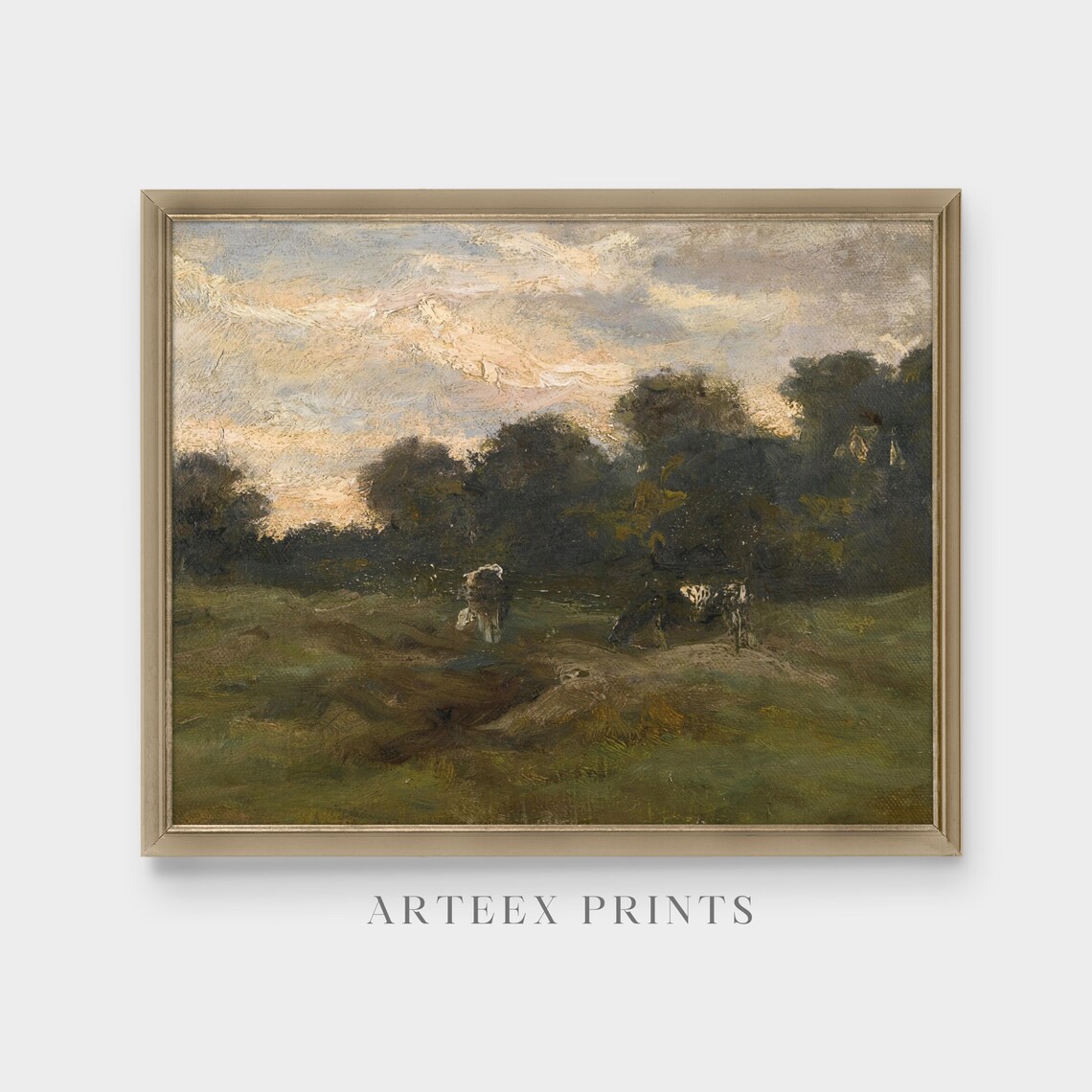 Cows Grazing in Meadow at Stormy Dusk Vintage Oil Painting Poster - Image 4