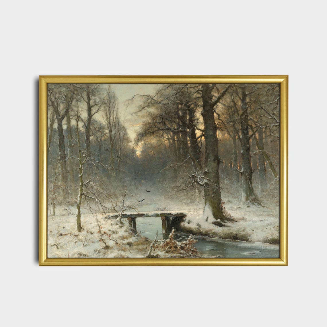 Snowy Forest with a Wooden Bridge Over a Stream Vintage Winter Poster - Image 2