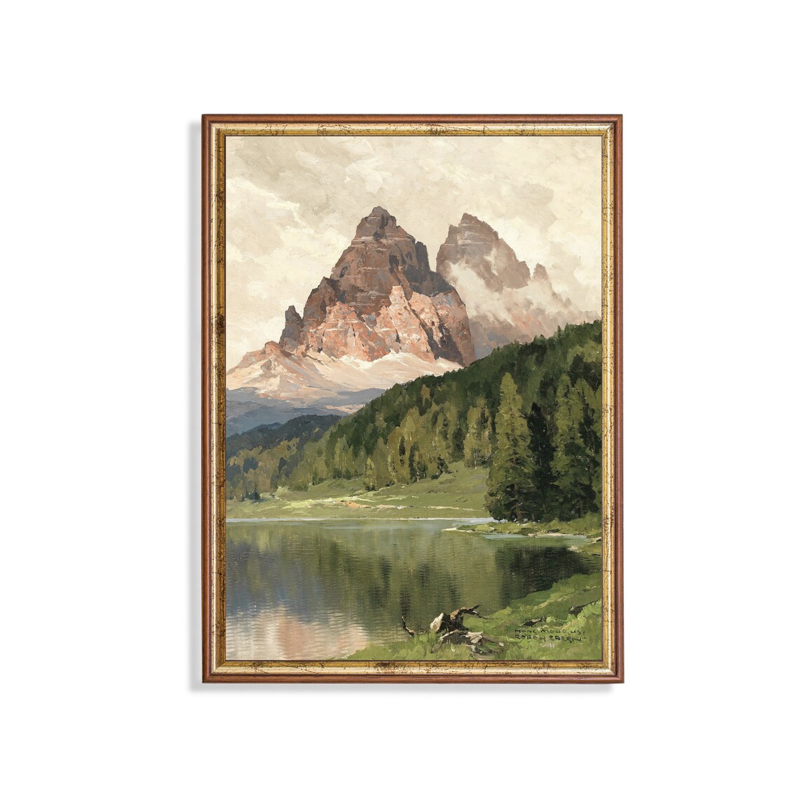 Vintage Mountain Lake Painting, Antique Landscape Art Print