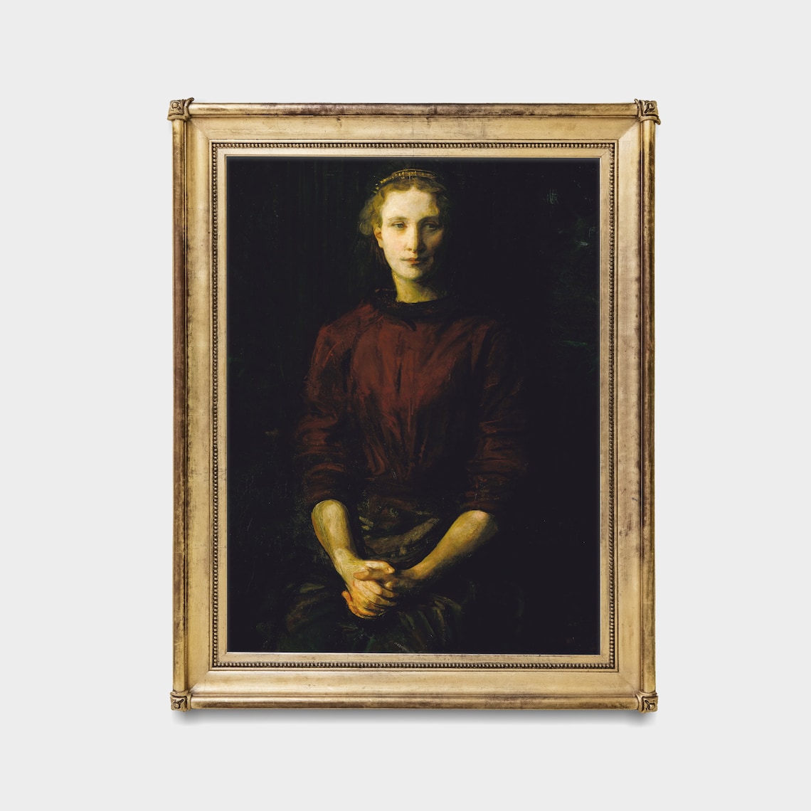 Moody Vintage Portrait of a Woman in a Crimson Dress Wall Art - Image 2