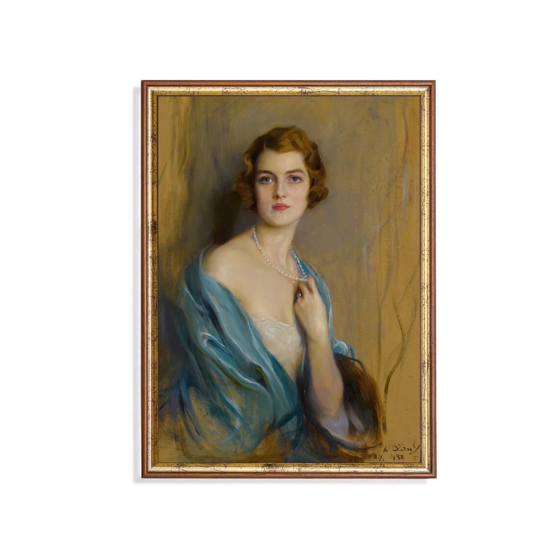 Elegant Woman With a Pearl Necklace and Blue Shawl Portrait Poster