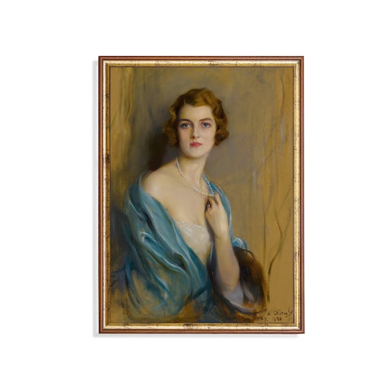Elegant Woman With a Pearl Necklace and Blue Shawl Portrait Poster