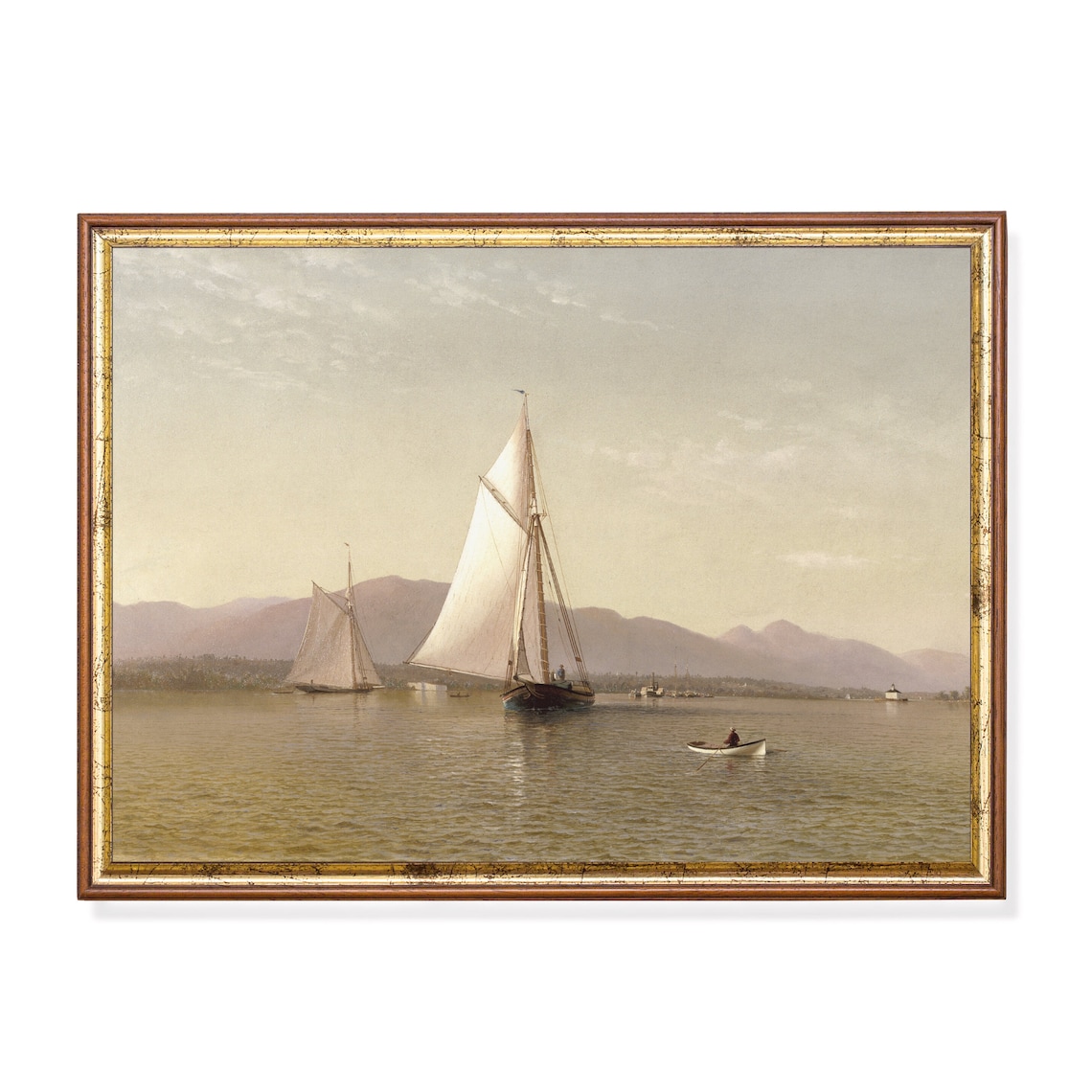 Two Sailboats Gliding on a Calm Bay at Sunset Vintage Poster