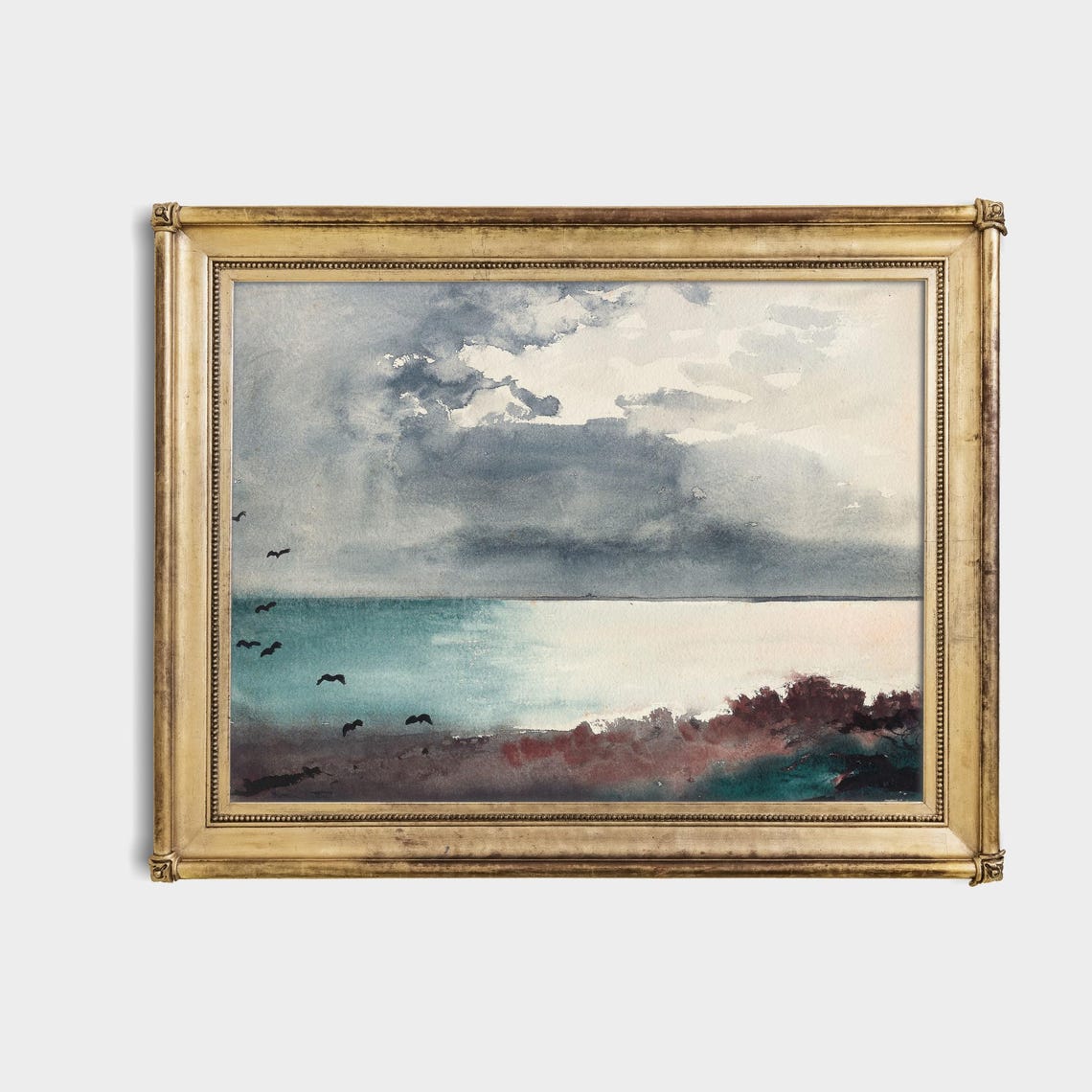 Teal Watercolor Seascape With Wheeling Birds and Clearing Sky Poster - Image 4