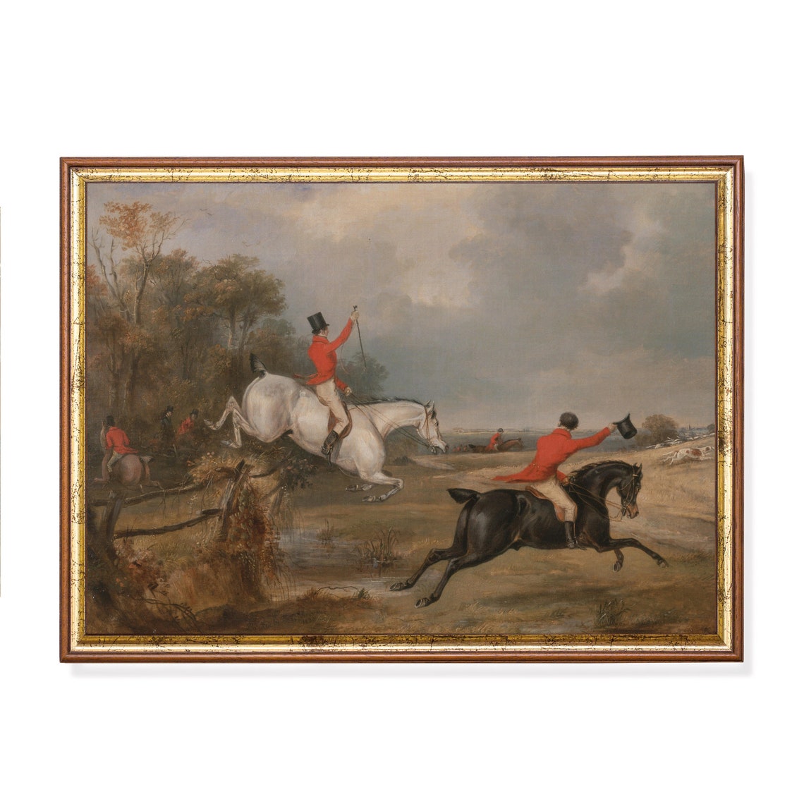 Two Fox Hunters Jumping Fences in Red Coats Vintage Sporting Poster