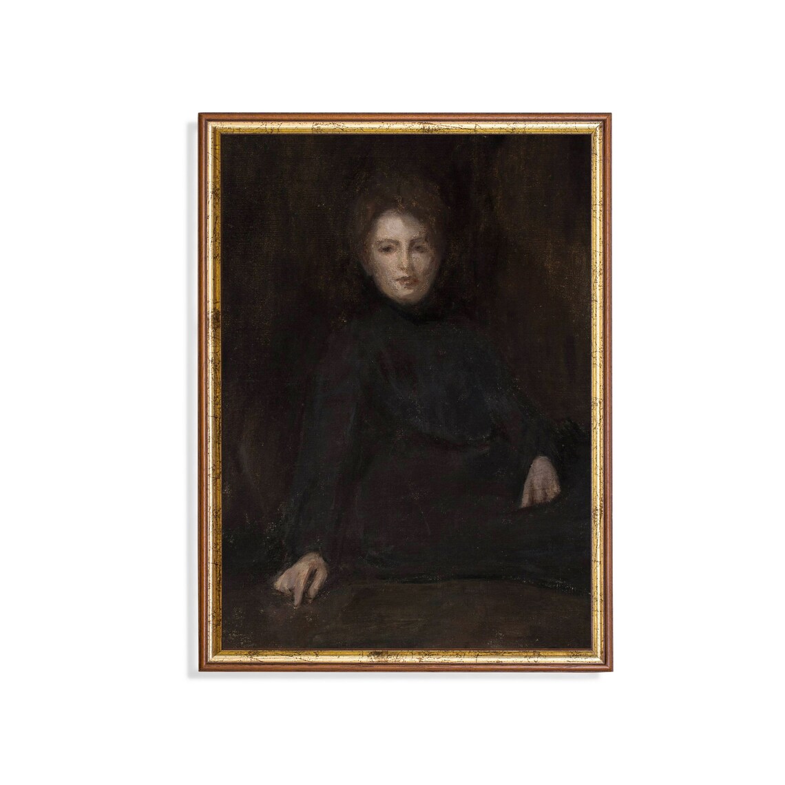 Dark Moody Portrait of a Young Woman in Black Vintage Oil Poster
