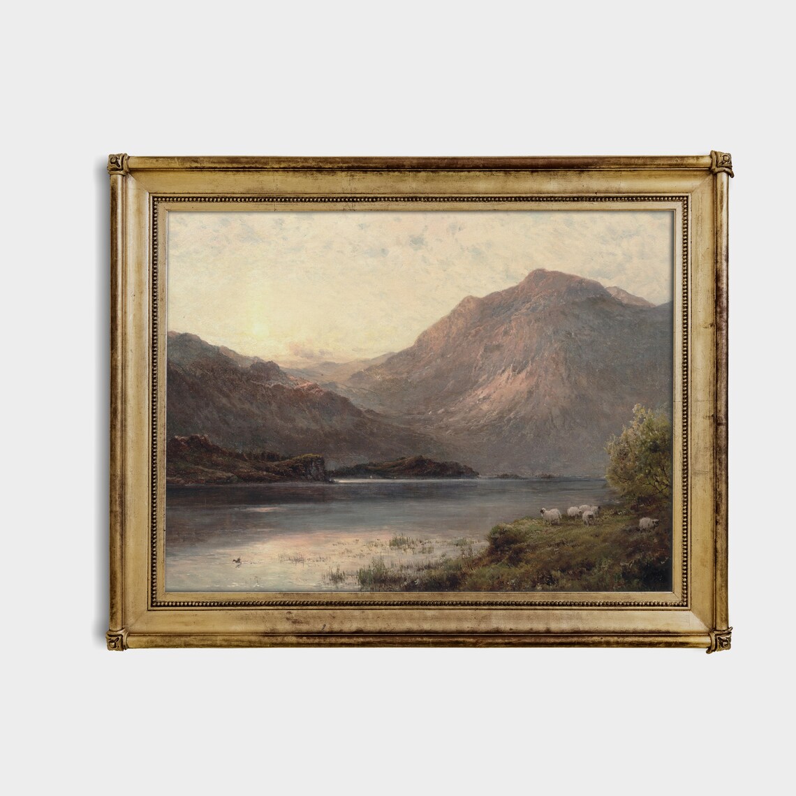 Sheep in Mountain Lake, Vintage Landscape Art Print - Image 2