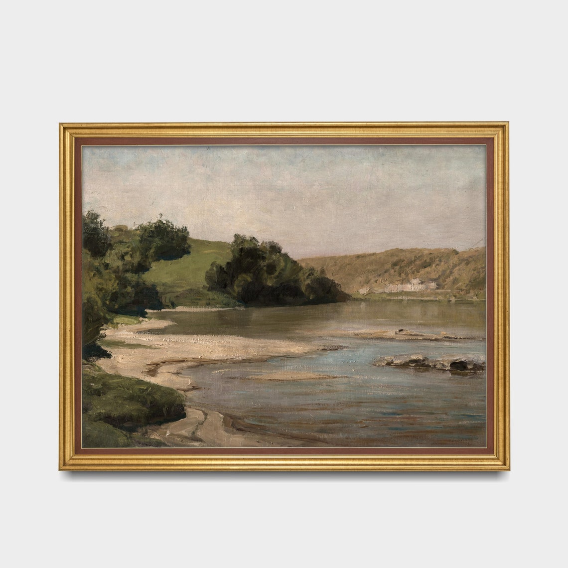 Serene Riverbank Oil Painting with Sandy Shore and Hills Poster - Image 2