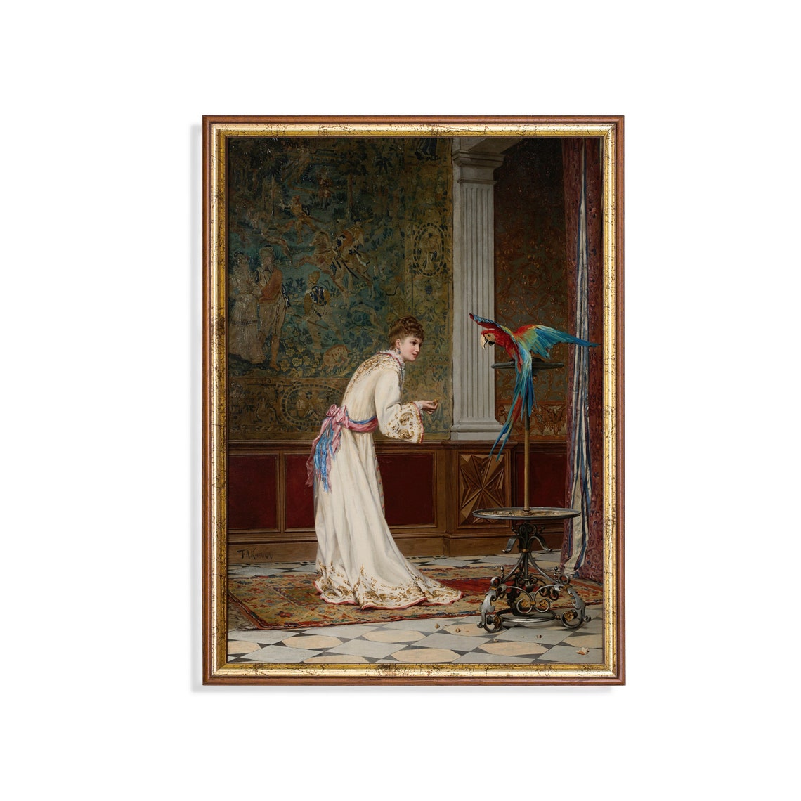 Woman in White Feeding a Macaw Parrot Vintage Interior Art Poster