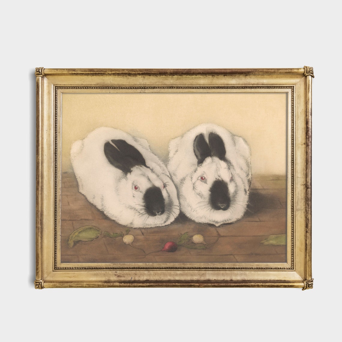 Two White Rabbits with Black Ears and Radishes Vintage Animal Poster - Image 2