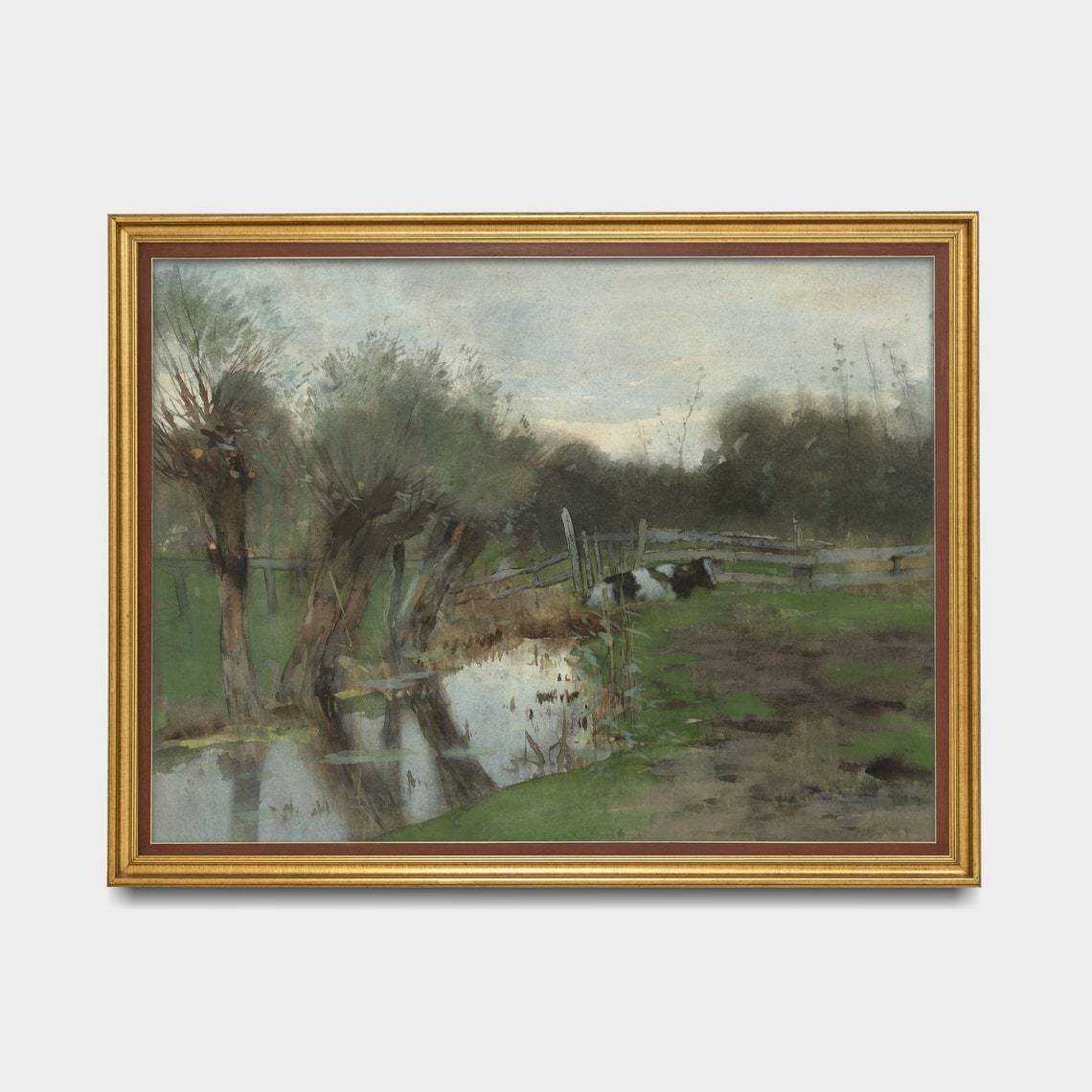 Cow By Willow Lined Stream Vintage Dutch Meadow Painting Poster - Image 4
