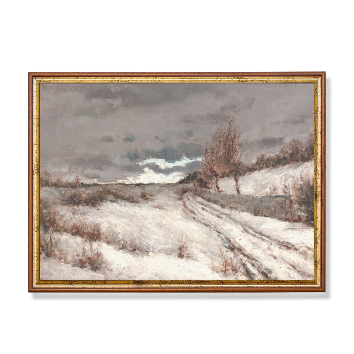 Snowy Hillside Under a Cloudy Sky Vintage Winter Painting Poster