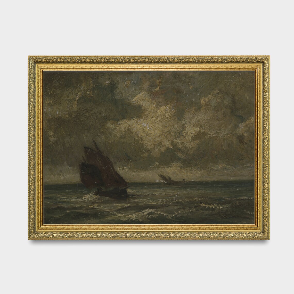 Moody Sailboat Oil Painting, Vintage Seascape Art - Image 3