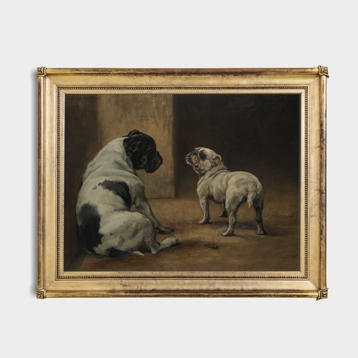 Two Bulldogs And A Small Bird Vintage Canine Oil Painting Poster - Image 4