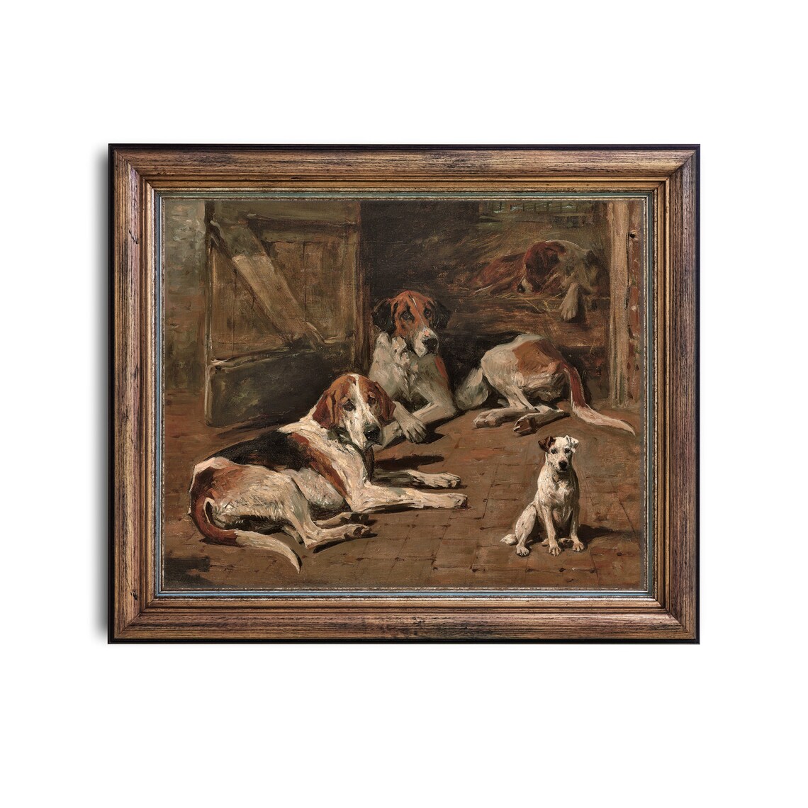Resting Foxhounds and Terrier in Kennel Vintage Dog Painting Poster - Image 2