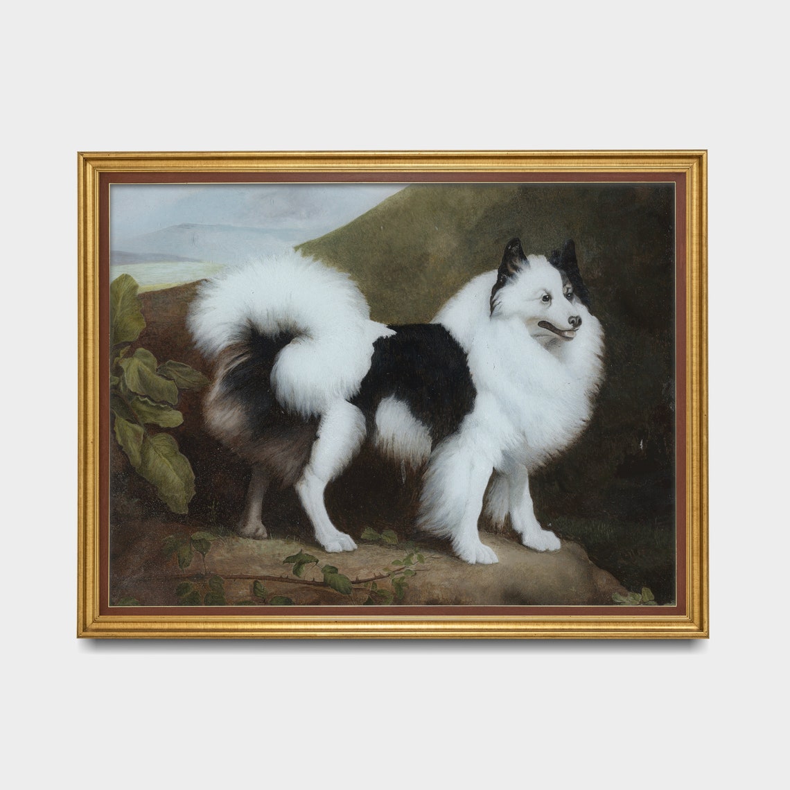 Fluffy Black and White Spitz Dog Standing on a Rock Portrait Poster - Image 2